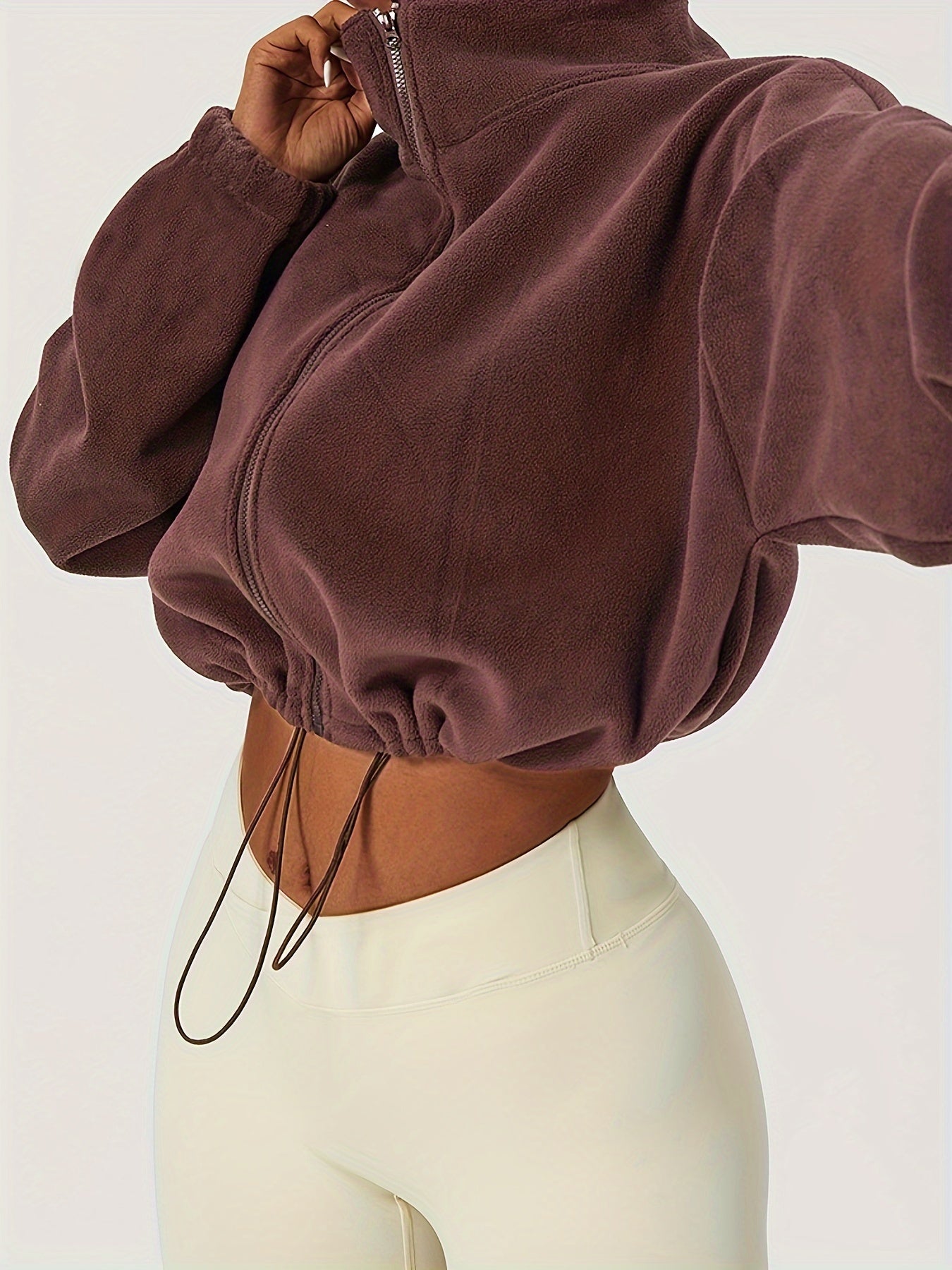 Chic Zip-Up Fleece Crop Jacket for Women - Stretch Comfort, Warm High Neck, Long Sleeve, Perfect for Sporty Outdoor Fall/Winter Activities