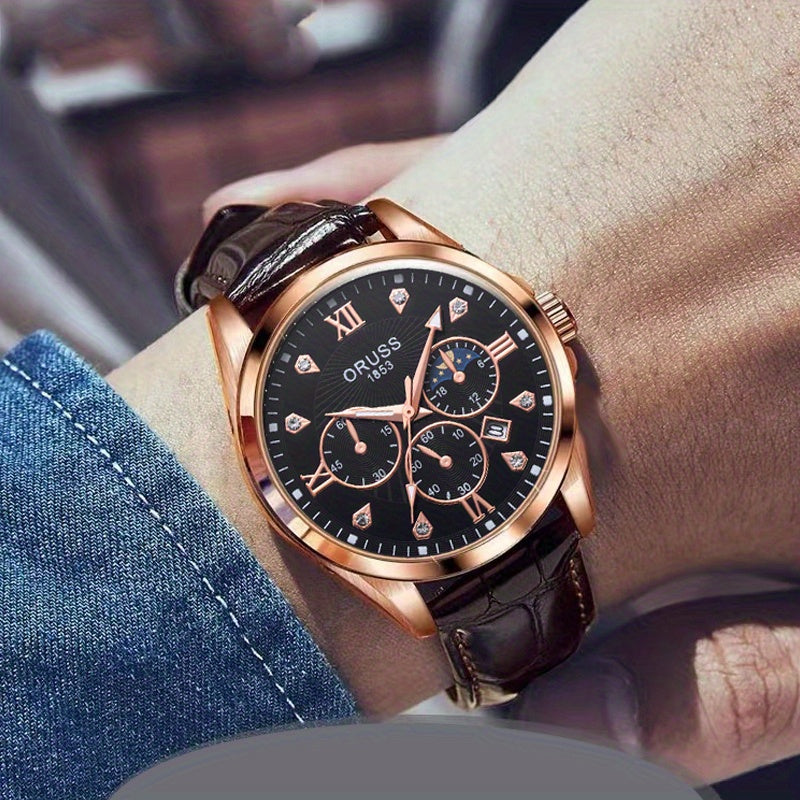 Mens Round Quartz Watch - Funky PU Leather Strap, Non-Waterproof, Electronic Pointer Display, Alloy Case, Ideal Gift for College Gentleman