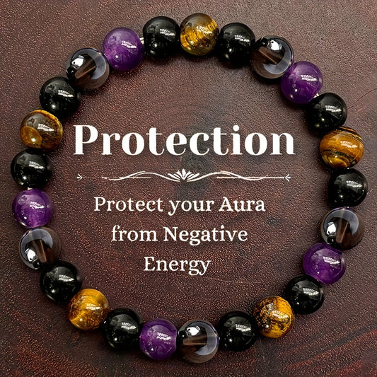 1pc Natural Tiger Eye & Amethyst Beaded Bracelet, Elastic Protection Healing Crystal Bracelet for Men and Women, Energy Balancing Unscented Solid Jewelry Gift