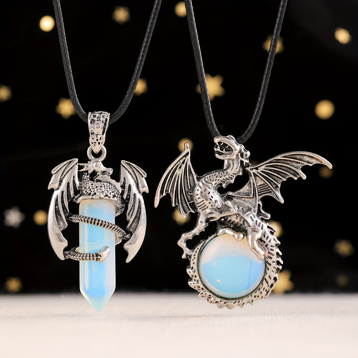 2pcs/set Synthetic Crystal Dragon Necklace Pendants for Men And Women, Retro Cool Artificial Elf Stone Pendants, Christmas, Easter, Flying Dragon Pendant Gift Set