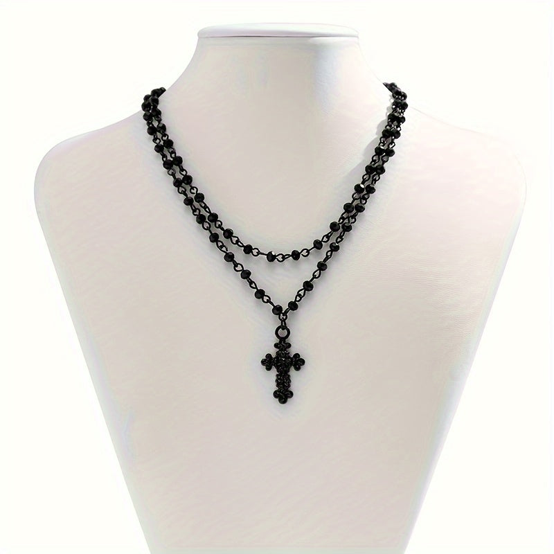 Vintage Sweet Gothic Double Layered Cross Crystal Necklace For Women, Retro Style, Elegant Accessory, Black Jewelry, Fashion Statement, Adjustable Chain