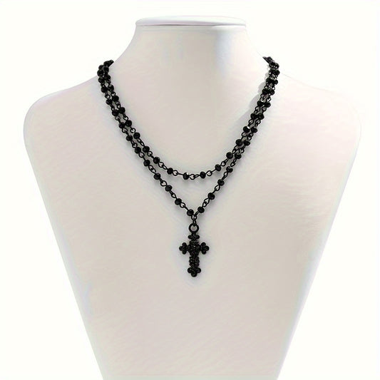 Vintage Sweet Gothic Double Layered Cross Crystal Necklace For Women, Retro Style, Elegant Accessory, Black Jewelry, Fashion Statement, Adjustable Chain