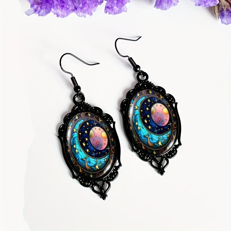 Boho Alloy Drop Earrings with Celestial Sun, Moon, and Stars Design, Black Lace Frame, Glass Cabochon Inlay, Hook Back, Antique Style Dangle Ear Jewelry for Women - 1 Pair