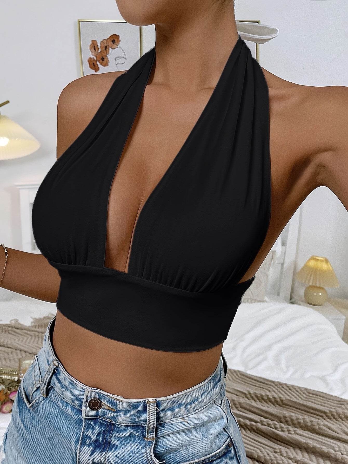 1pc Elegant Orange Halter Neck Backless Crop Top - High Stretch, Deep V-Neckline, Sleeveless Tank for Women, Perfect for Casual or Stylish Outfits, Casual Chic Top | Backless Dress | Stretchy Fabric