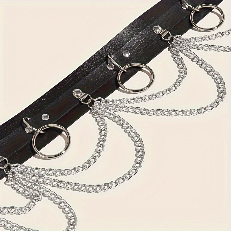 1pc Black PU Leather Chain Ring Decor Gothic Restraints Waist Belt, Punk Adjustable Nightclub Accessories Belt, Sexy Lingerie & Erotic Accessories