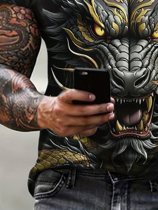 Men's Dragon Graphic Tee - Stretchy Polyester & Spandex Blend, Crew Neck, Short Sleeve, Sportswear - Machine Washable