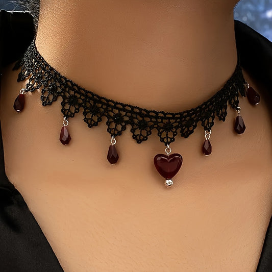 Bohemian Lace Choker Necklace With Vintage Heart Pendant, Gothic Black Cord Fashion Collar Jewelry, Adjustable Clasp, Versatile For Casual And Party Wear