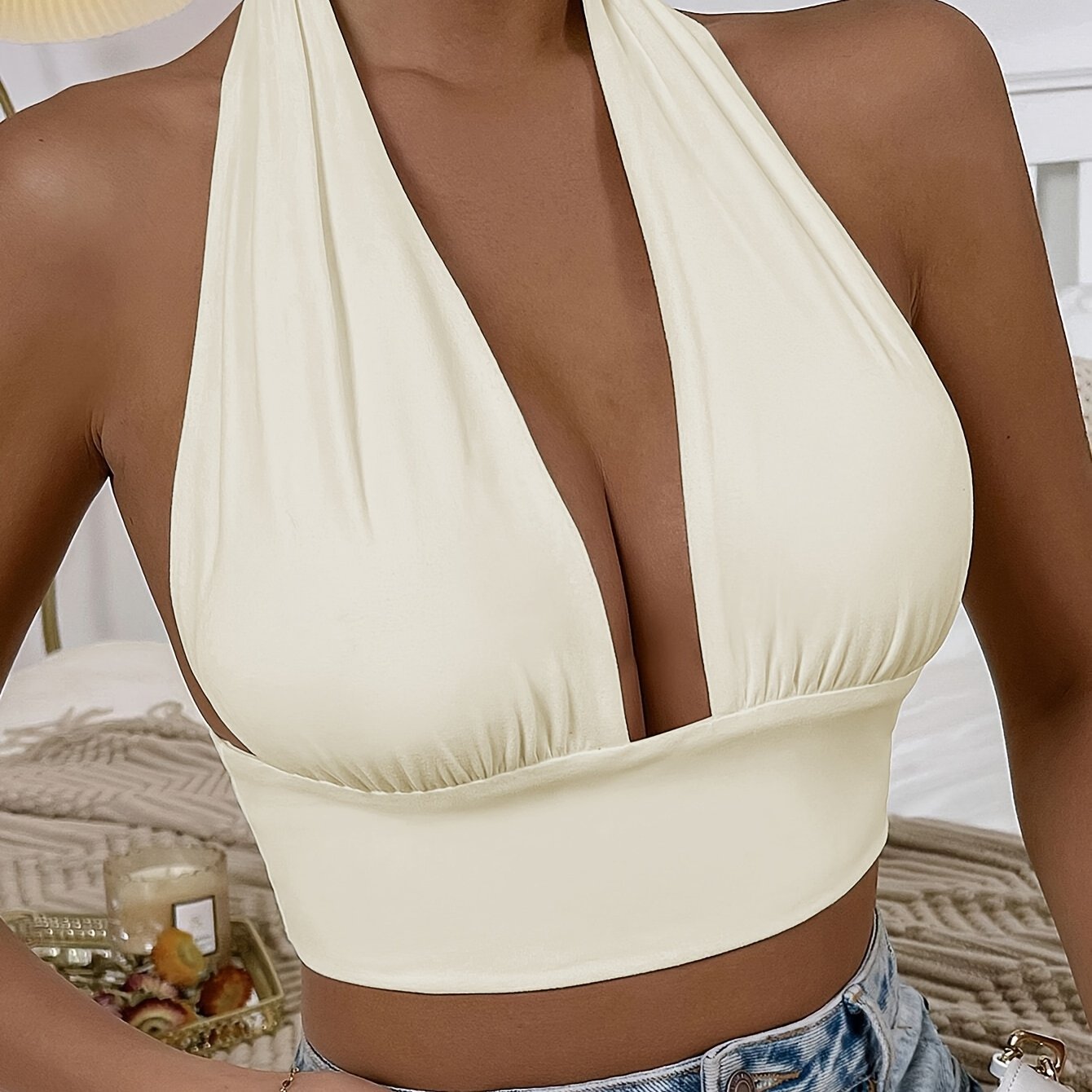1pc Elegant Orange Halter Neck Backless Crop Top - High Stretch, Deep V-Neckline, Sleeveless Tank for Women, Perfect for Casual or Stylish Outfits, Casual Chic Top | Backless Dress | Stretchy Fabric