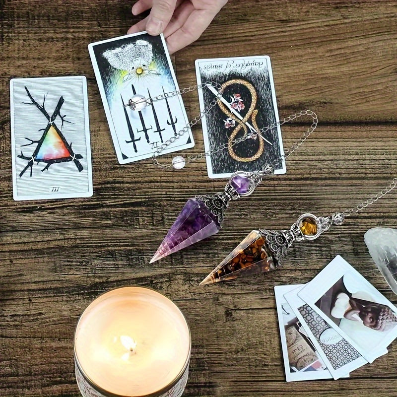 1pc Natural Crystal, Amethyst Dowsing Pendulum, 6 Faceted Hexagonal Pointed Cone Resin Pendant For Divination