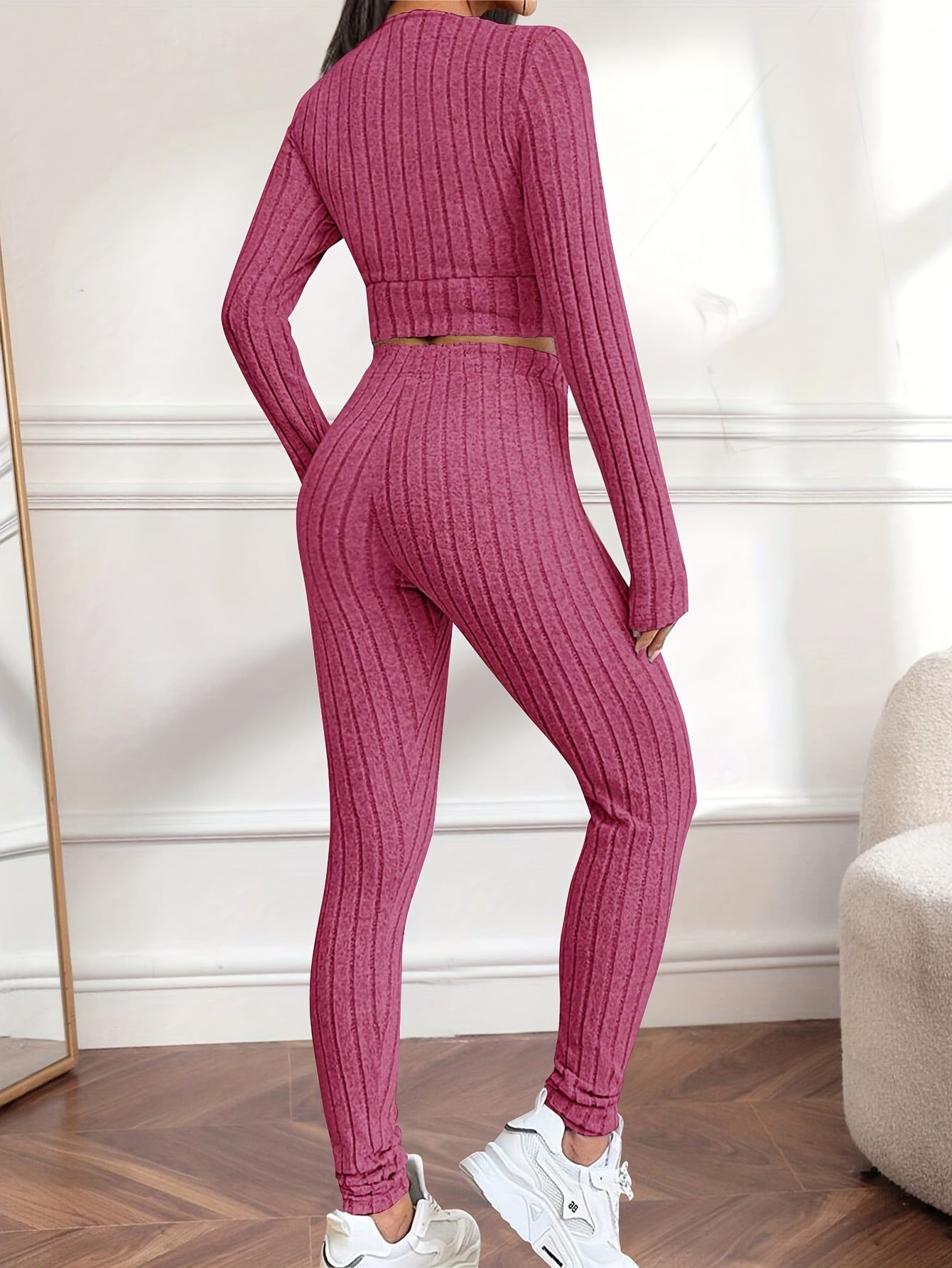 Flattering Ribbed Two-piece Outfit Set - V-Neck Long Sleeve Crop Top & Pants - Casual Chic Style for Women