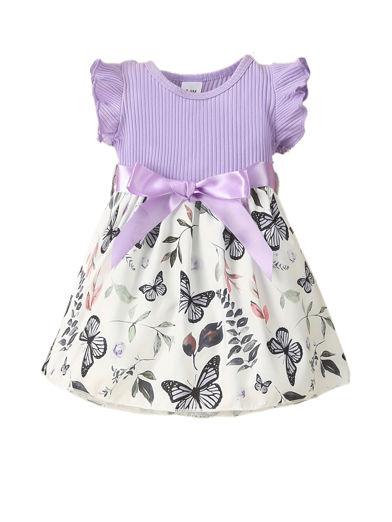 Baby Girls Cute Butterfly Graphic Print Ruffled Sleeve Belted Dress, Kids Summer Comfortable Clothes