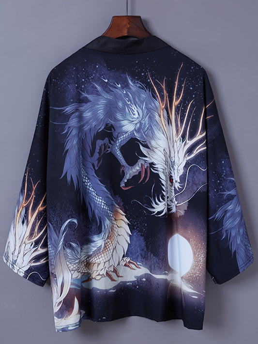 [Trendy Dragon Kimono] Trendy Dragon Illustration Print Kimono | Open Front Cover Up For Spring & Summer, Men's Clothing