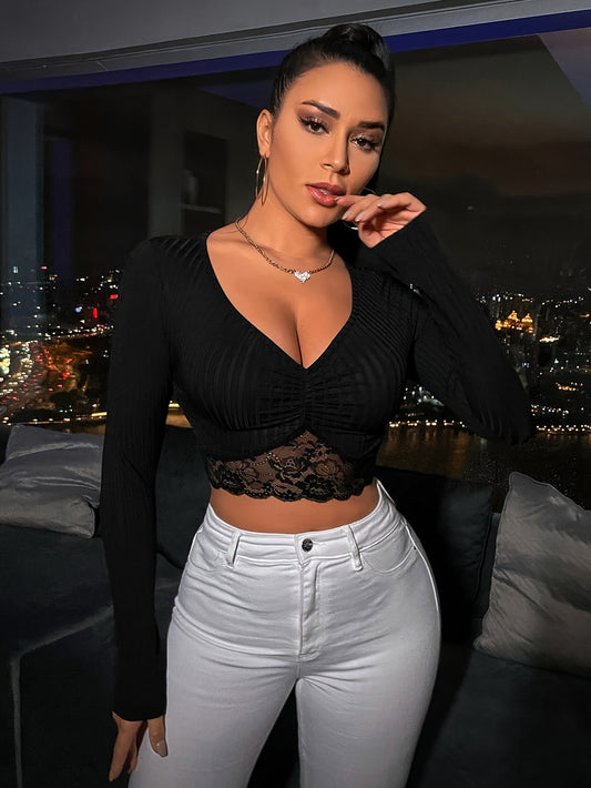 Party Perfect| Elegant Black V-Neck Crop Top T-Shirt with Lace Hem - Long Sleeve, Stretchy Polyester Blend, Perfect for Spring/Summer/Fall Events