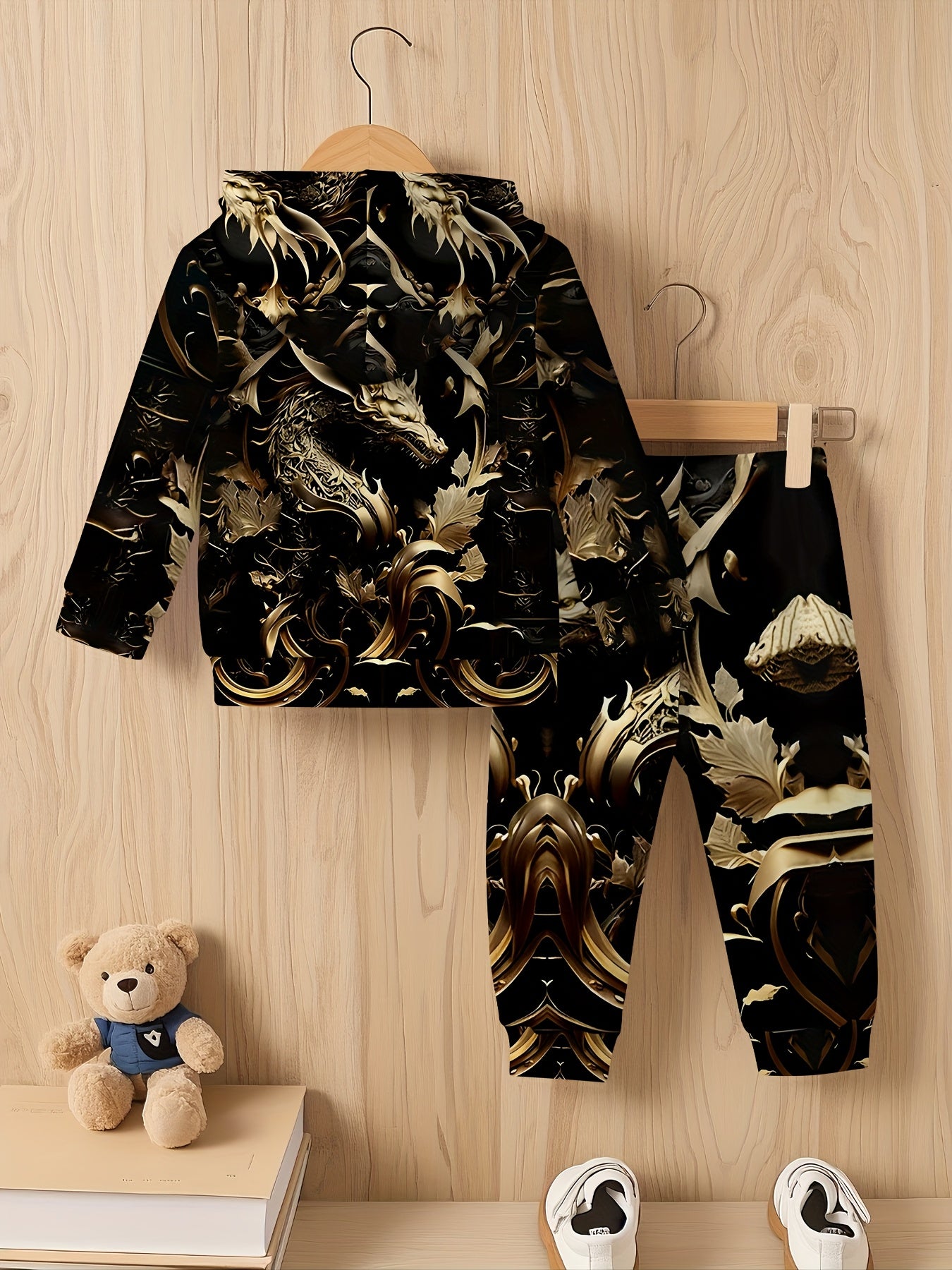 Boy and girl baby onesies with hood, featuring a fashionable Golden dragon pattern, suitable for outdoor activities and casual wear in spring and autumn, providing a comfortable outfit for children., Perfect for Outdoor
