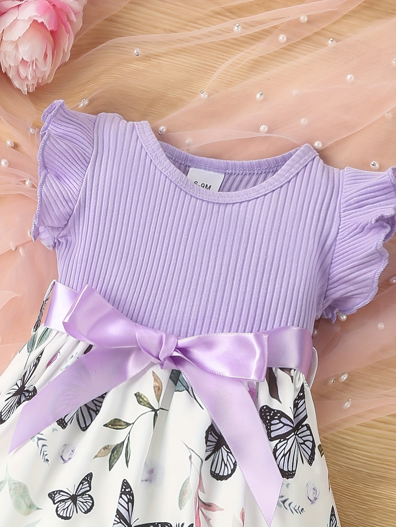 Baby Girls Cute Butterfly Graphic Print Ruffled Sleeve Belted Dress, Kids Summer Comfortable Clothes