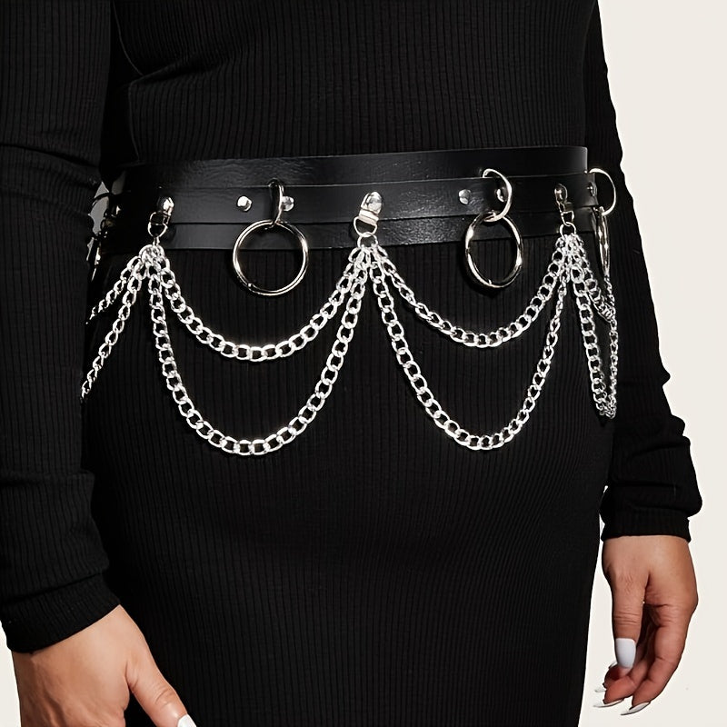 1pc Black PU Leather Chain Ring Decor Gothic Restraints Waist Belt, Punk Adjustable Nightclub Accessories Belt, Sexy Lingerie & Erotic Accessories