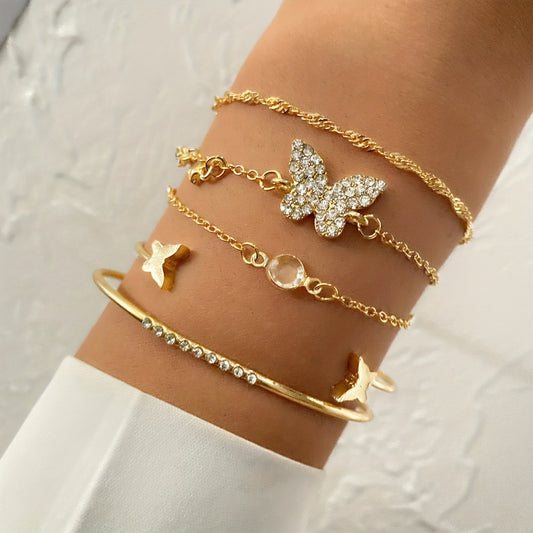 5pcs/Set Exquisite Butterfly-Shaped Rhinestone Cuff Bangle Jewelry for Women - Elegant and Simple Design, Perfect for Daily Wear, Gift-Giving, and Any Occasion - Alloy Material, Rhinestones Mosaic, Other Plating, Suitable for