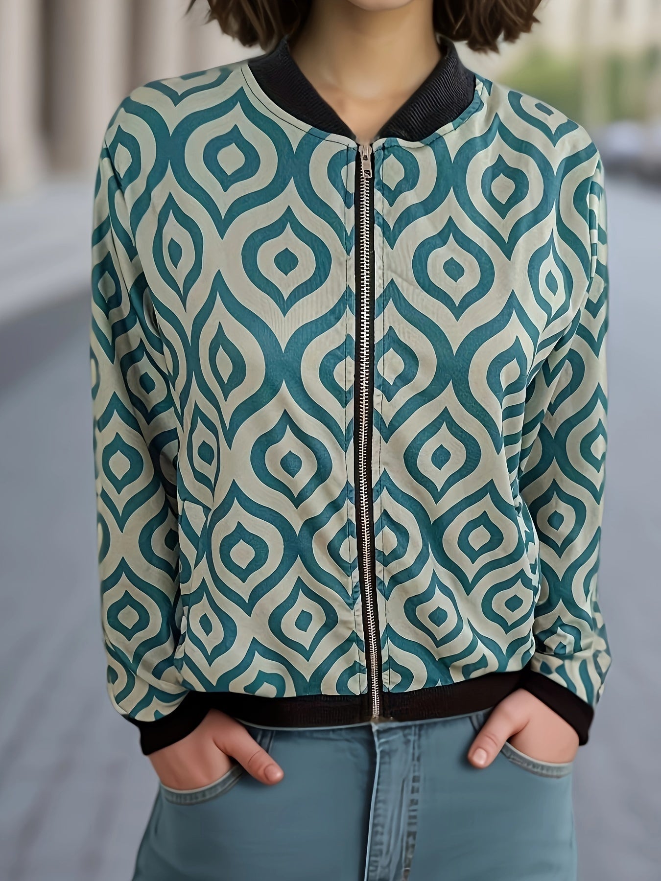 Graphic Print Zipper Jacket, Casual Baseball Neck Long Sleeve Outerwear, Women's Clothing