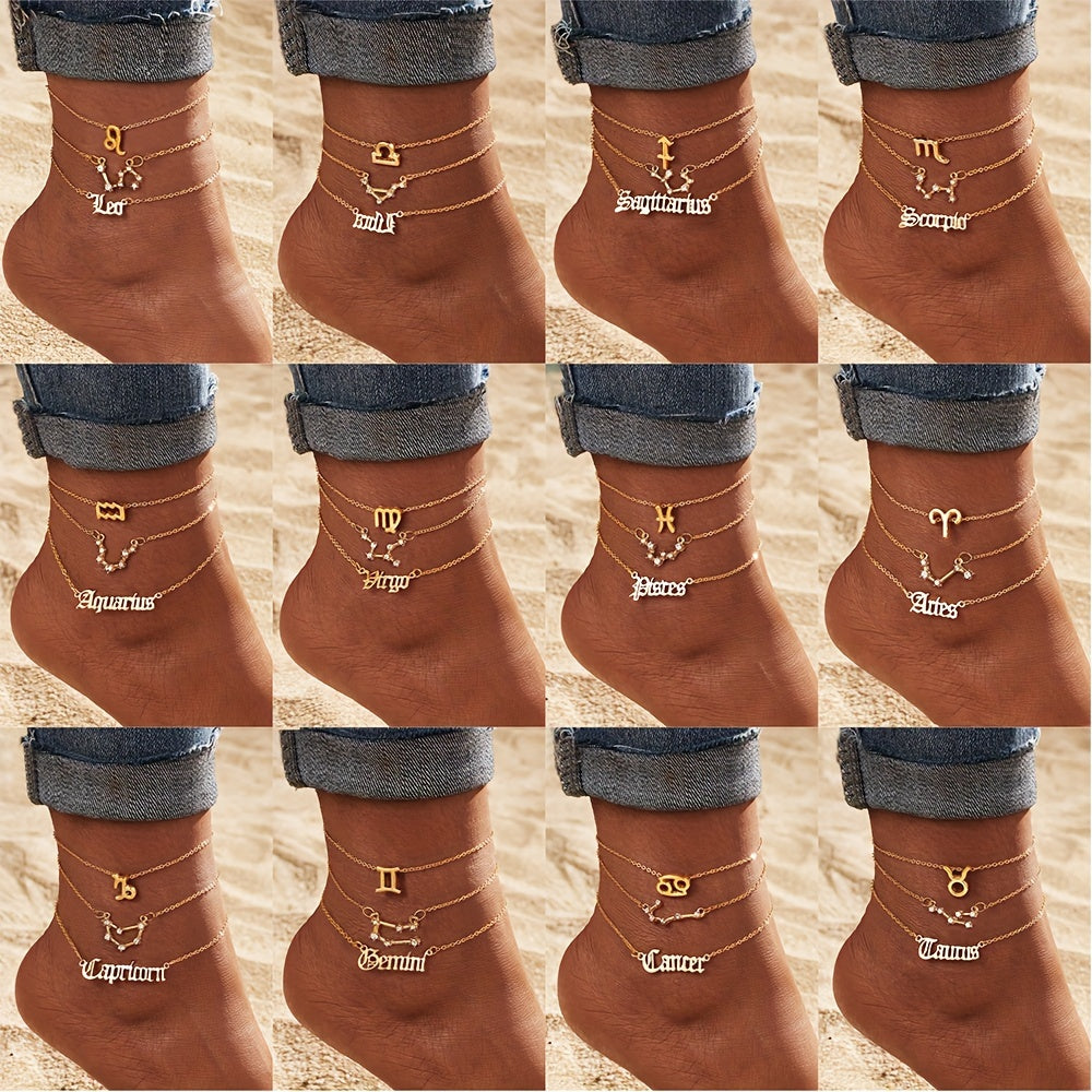 3 Pieces/ Set Golden Zodiac Anklets Set, Bohemian Elegant Ladies Multi-Piece Chain, Fashion Astrological Sign Charms For Women