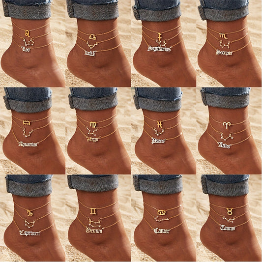 3 Pieces/ Set Golden Zodiac Anklets Set, Bohemian Elegant Ladies Multi-Piece Chain, Fashion Astrological Sign Charms For Women
