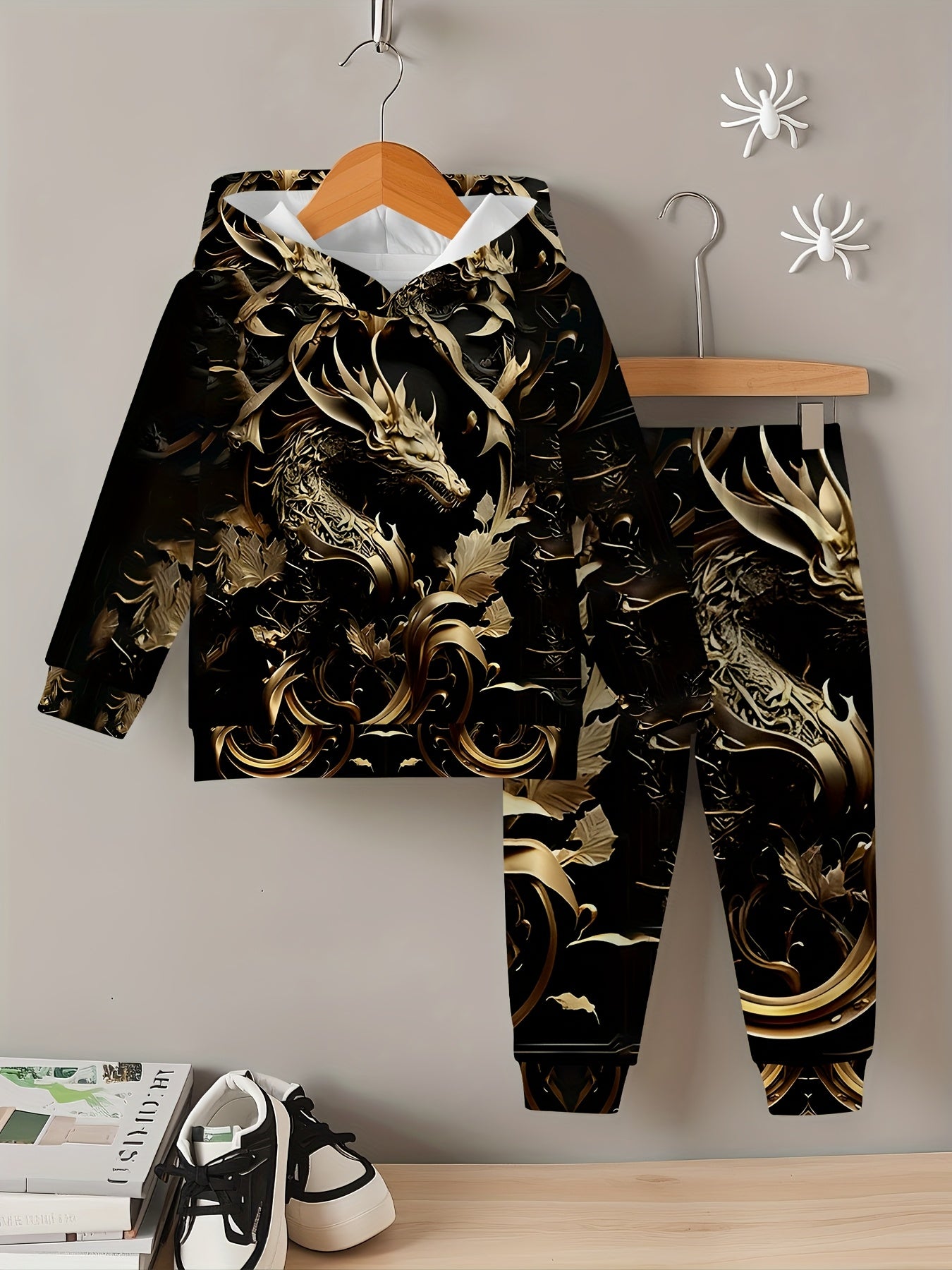 Boy and girl baby onesies with hood, featuring a fashionable Golden dragon pattern, suitable for outdoor activities and casual wear in spring and autumn, providing a comfortable outfit for children., Perfect for Outdoor