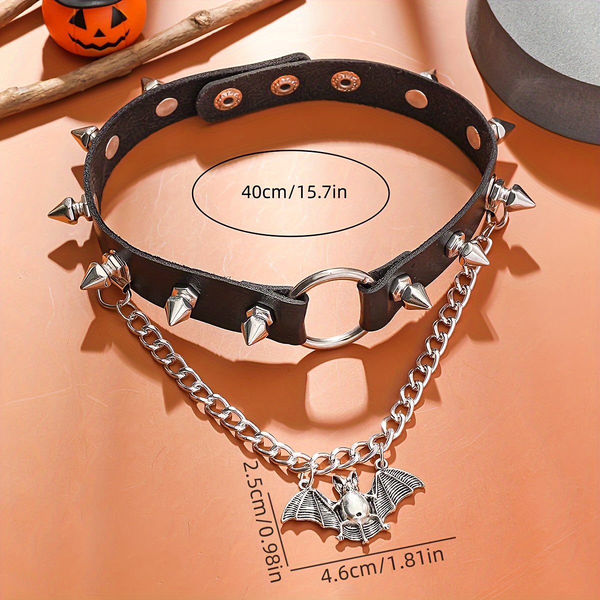 Gothic Punk Style PU Leather Rivet Choker with Bat Pendant, Halloween Costume Accessory for Women, Retro Sweet Cool Chain Necklace, Harajuku Fashion, Halloween Party Supplies