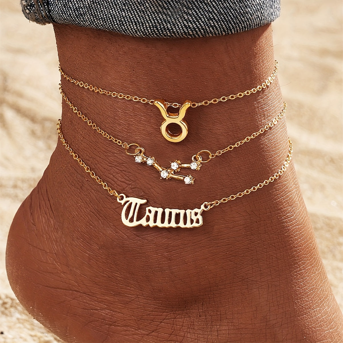 3pcs Set, Women'S Fashion Ankle Bracelets, Zodiac Sign Charm, Alloy with Synthetic Gemstones, Simple Style, All-Season Wear, Jewelry Accessories for Ladies