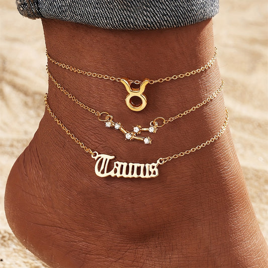 3pcs Set, Women'S Fashion Ankle Bracelets, Zodiac Sign Charm, Alloy with Synthetic Gemstones, Simple Style, All-Season Wear, Jewelry Accessories for Ladies