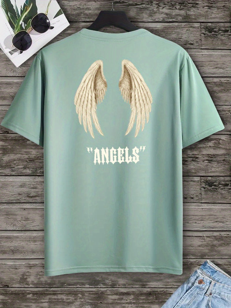 Mens Angel Wings Graphic Tee - Fashionable Casual Wear - Comfortable Solid Color Stretch Tee for Spring Summer - Lightweight Round Neck Design for Daily Style