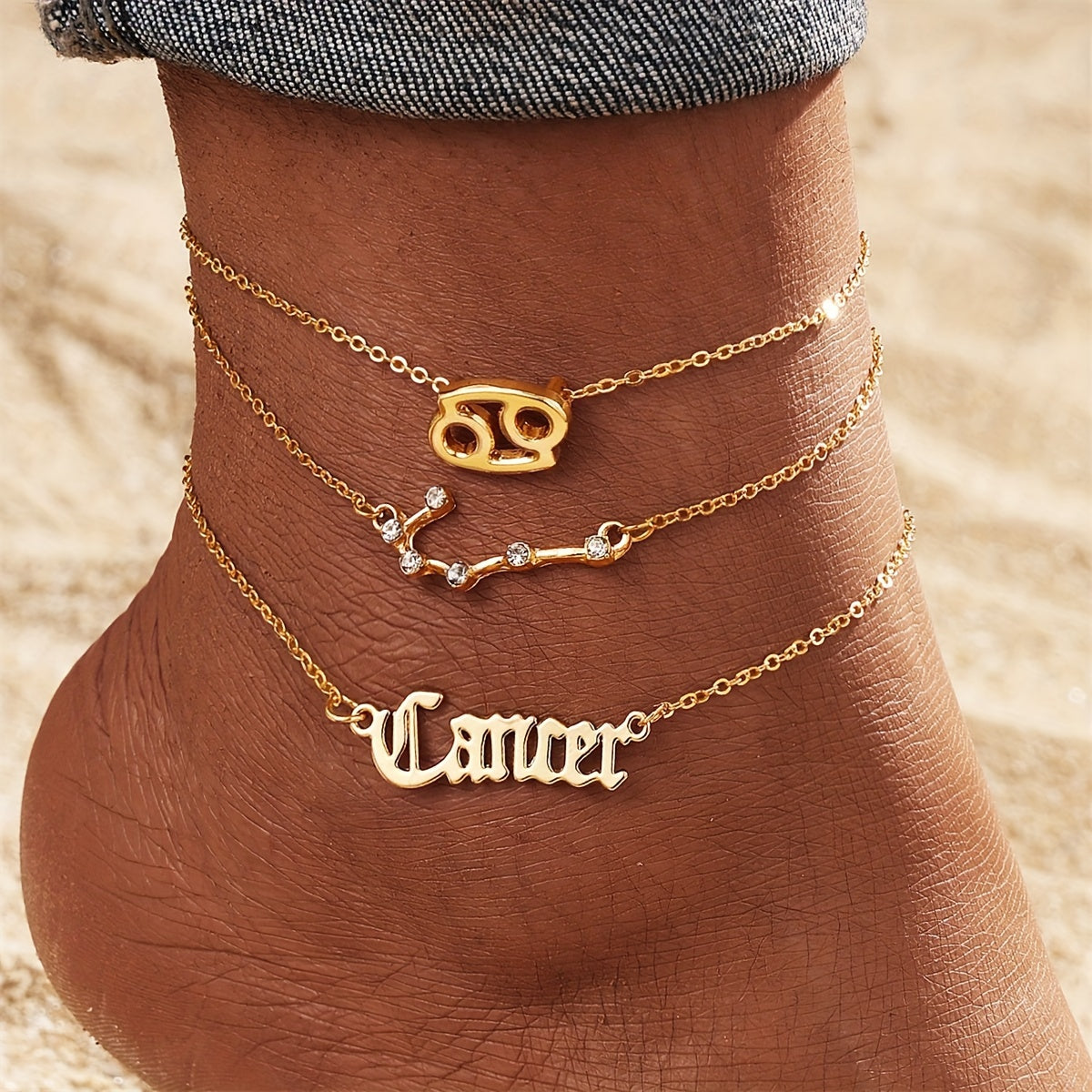 3pcs Set, Women'S Fashion Ankle Bracelets, Zodiac Sign Charm, Alloy with Synthetic Gemstones, Simple Style, All-Season Wear, Jewelry Accessories for Ladies