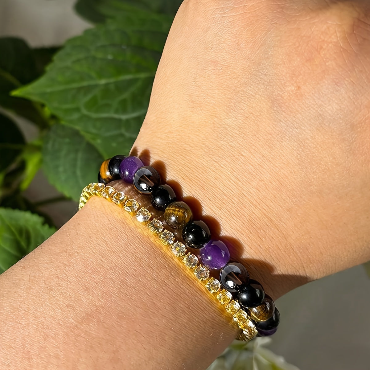 1pc Natural Tiger Eye & Amethyst Beaded Bracelet, Elastic Protection Healing Crystal Bracelet for Men and Women, Energy Balancing Unscented Solid Jewelry Gift
