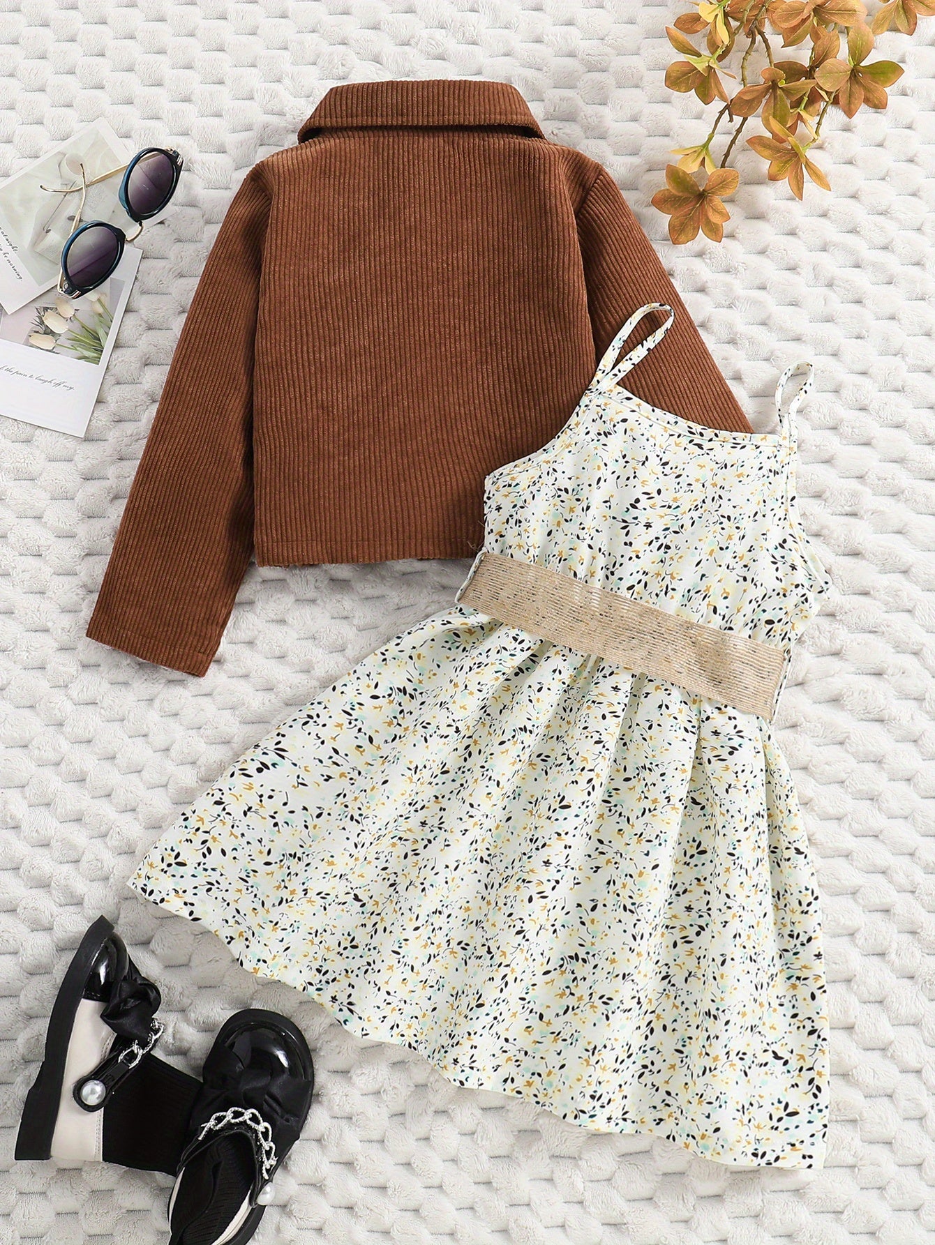 Girl's Casual Outfit 2pcs, Corduroy Jacket & Floral Pattern Dress Set, Kid's Clothes For Spring Autumn Summer