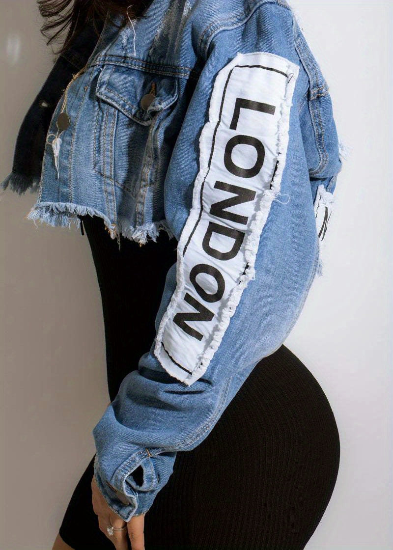 Vibrant Blue Alphabet Print Cropped Denim Jacket - Long Sleeves, Raw Hem, Lapel Collar, Non-Stretch, Woven, Casual Coat for Spring/Summer - Womens Personality Denim Clothing