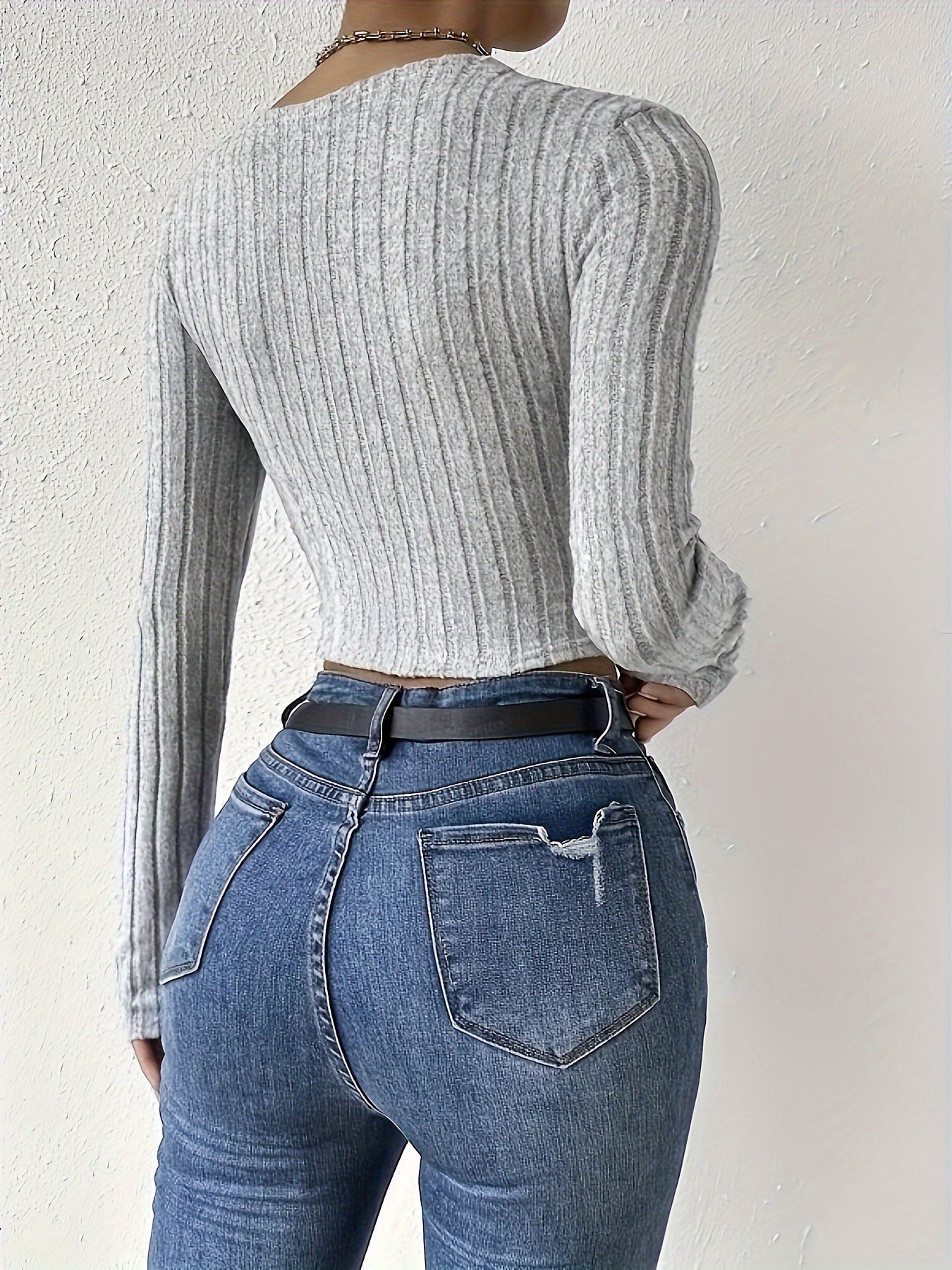 Solid Color Versatile V-neck Double Twist Design Cross-breasted Sexy Tight Long-sleeved Women's T-shirt Top