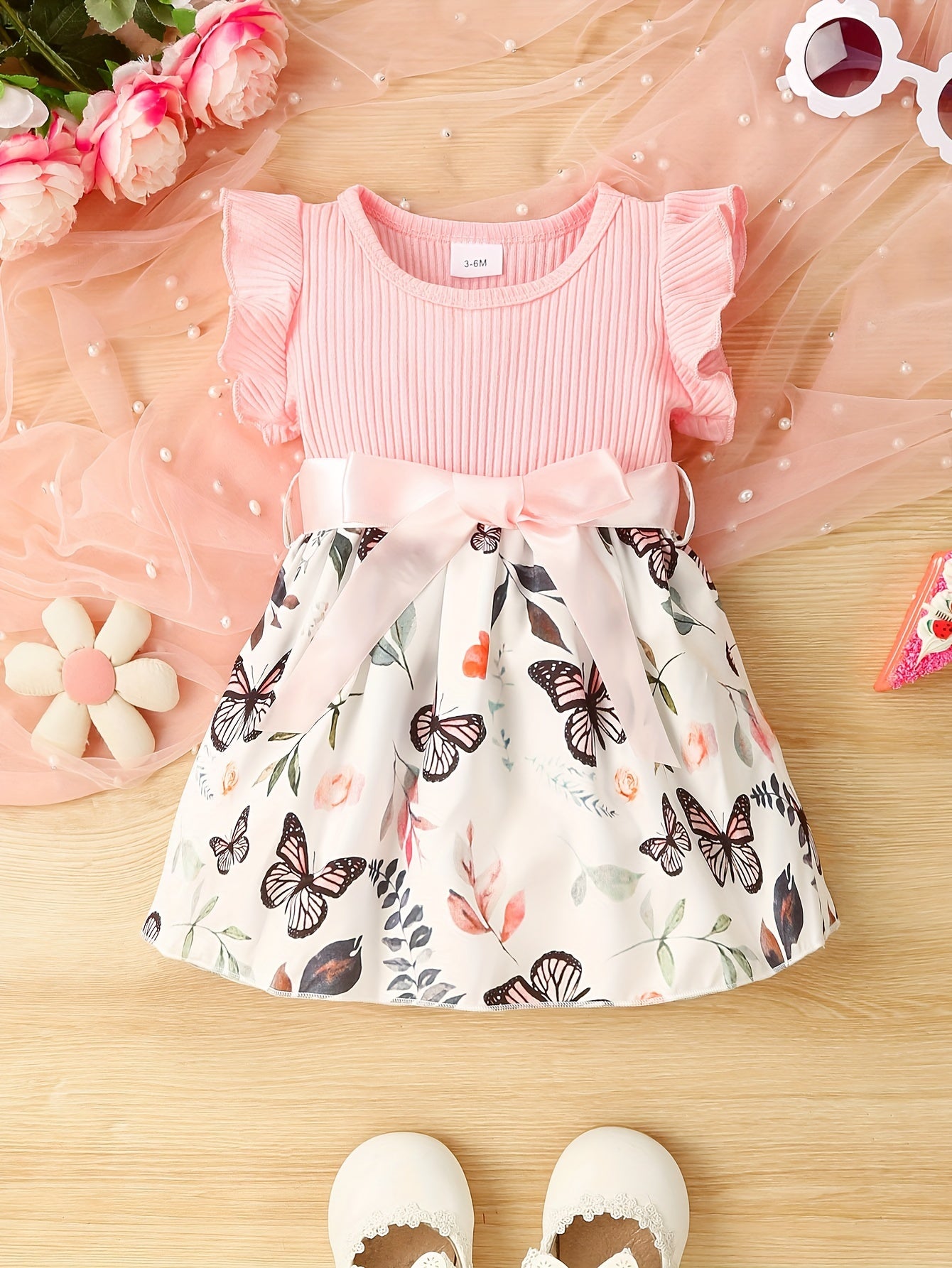 Baby Girls Cute Butterfly Graphic Print Ruffled Sleeve Belted Dress, Kids Summer Comfortable Clothes