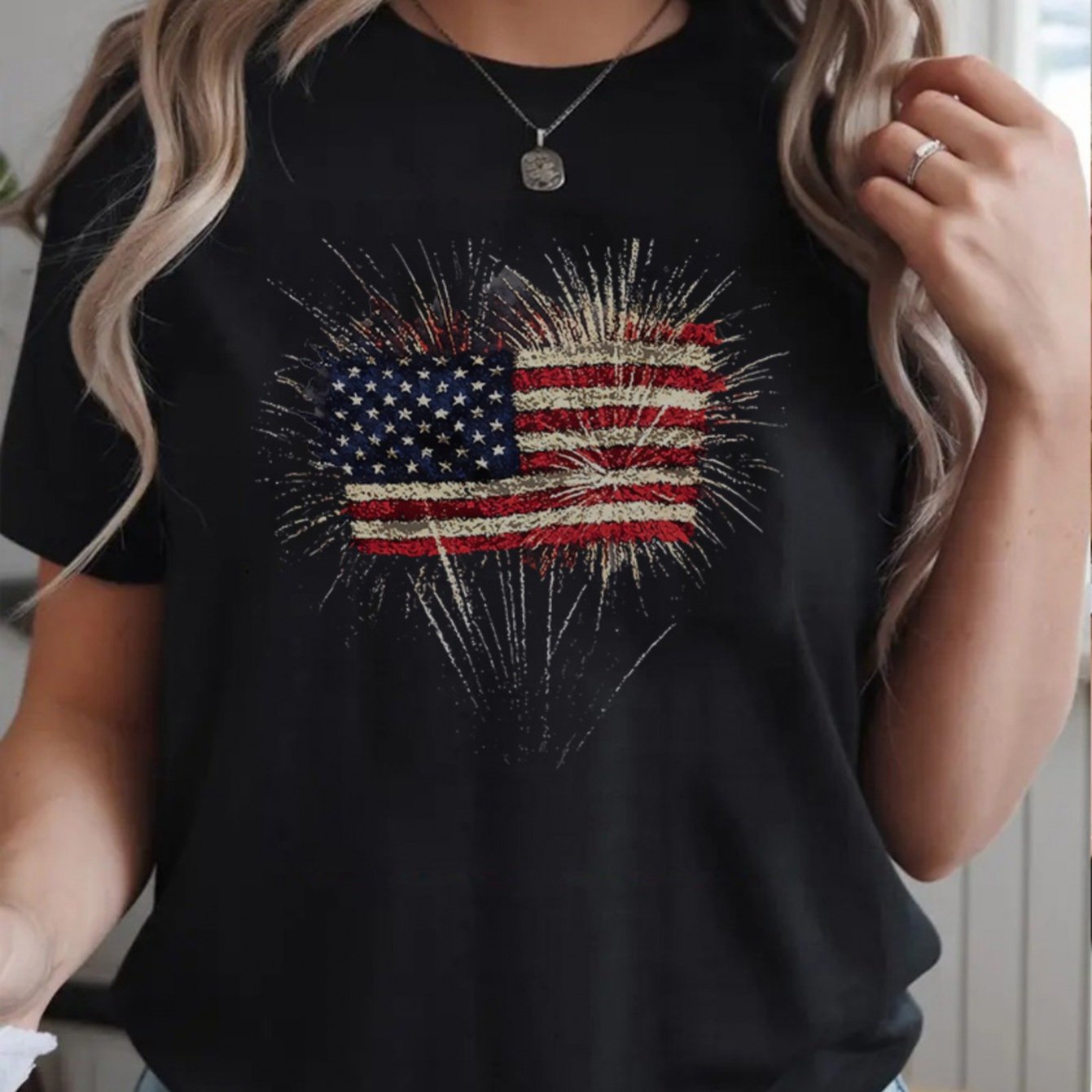 Plus Size Women'S T-Shirt - Soft & Comfortable Casual Round Neck Tee with Patriotic American Flag Fireworks Print, Machine Washable, Perfect for