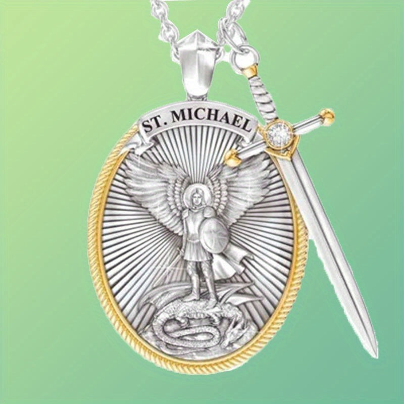 1pc Mens Fashionable Vintage-Inspired Oval Shield Knight Sword Necklace Pendant - Durable Alloy Material - Unique Gift for Him