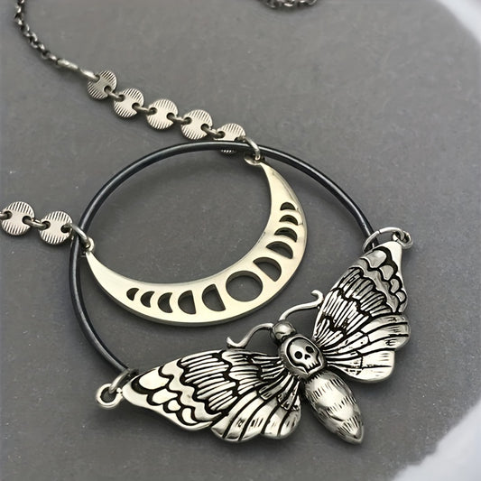 Lunar Moth Pendant Necklace, Vintage Style, Celestial Phases Charm with Metal Chain, Bohemian Gothic Jewelry for Women and Men