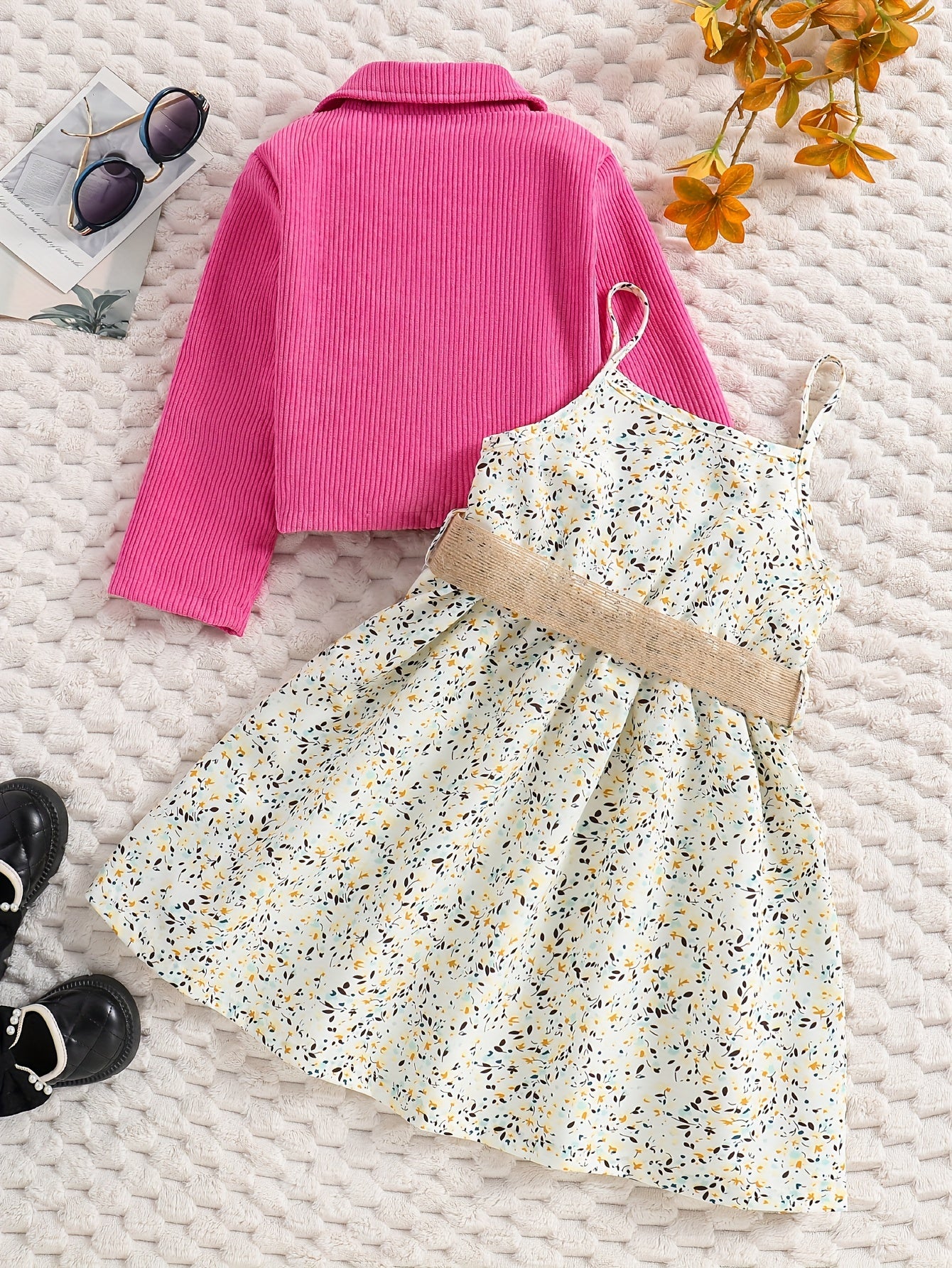 Girl's Casual Outfit 2pcs, Corduroy Jacket & Floral Pattern Dress Set, Kid's Clothes For Spring Autumn Summer