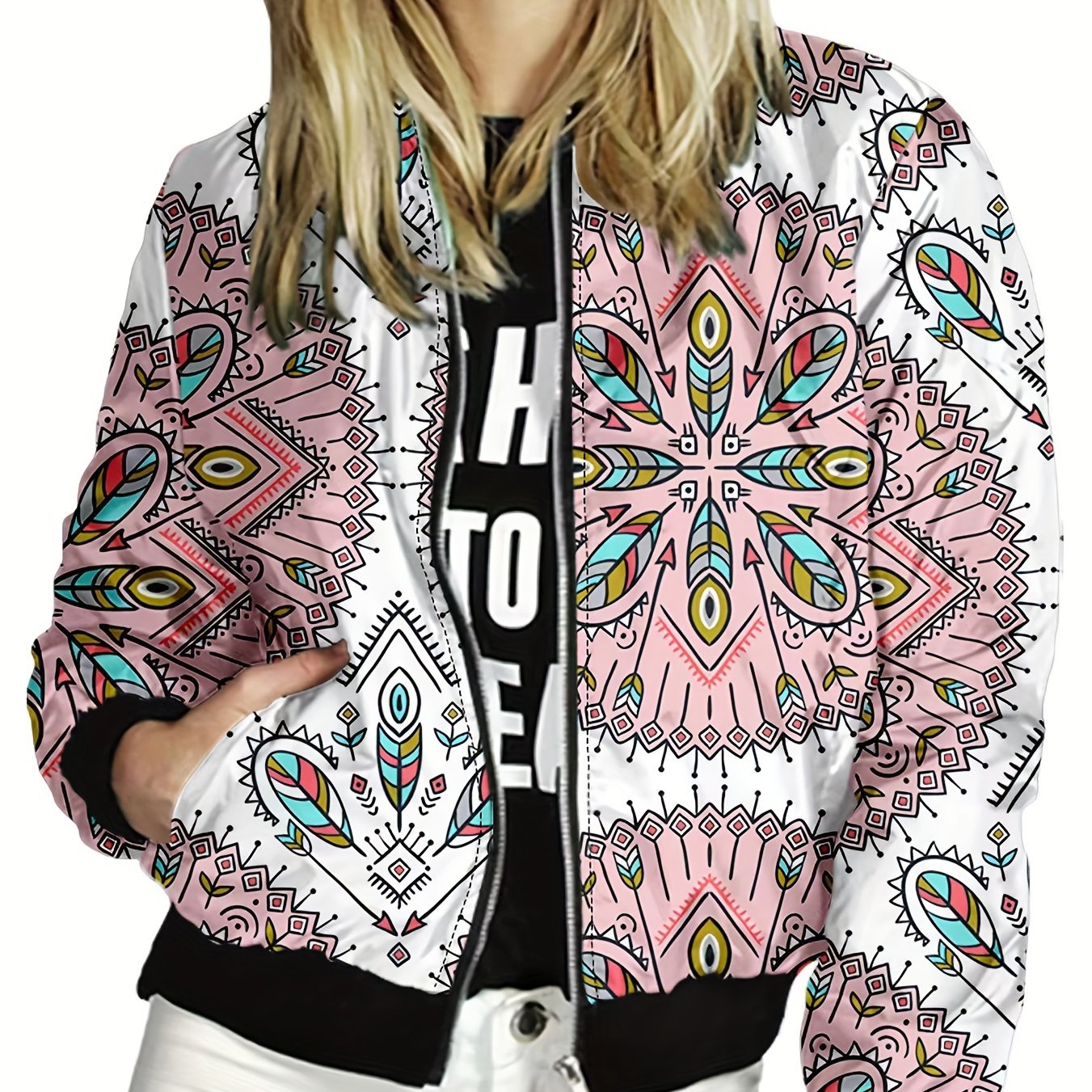 Graphic Print Zipper Jacket, Casual Baseball Neck Long Sleeve Outerwear, Women's Clothing