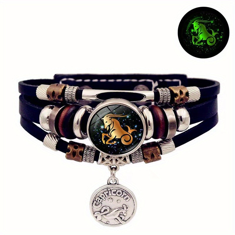 1pc 12 Zodiac Luminous Leather Bracelet Men Women Handmade Multilayer Beaded Bracelet Creative Hand Jewelry Bracelet Party Birthday Favors