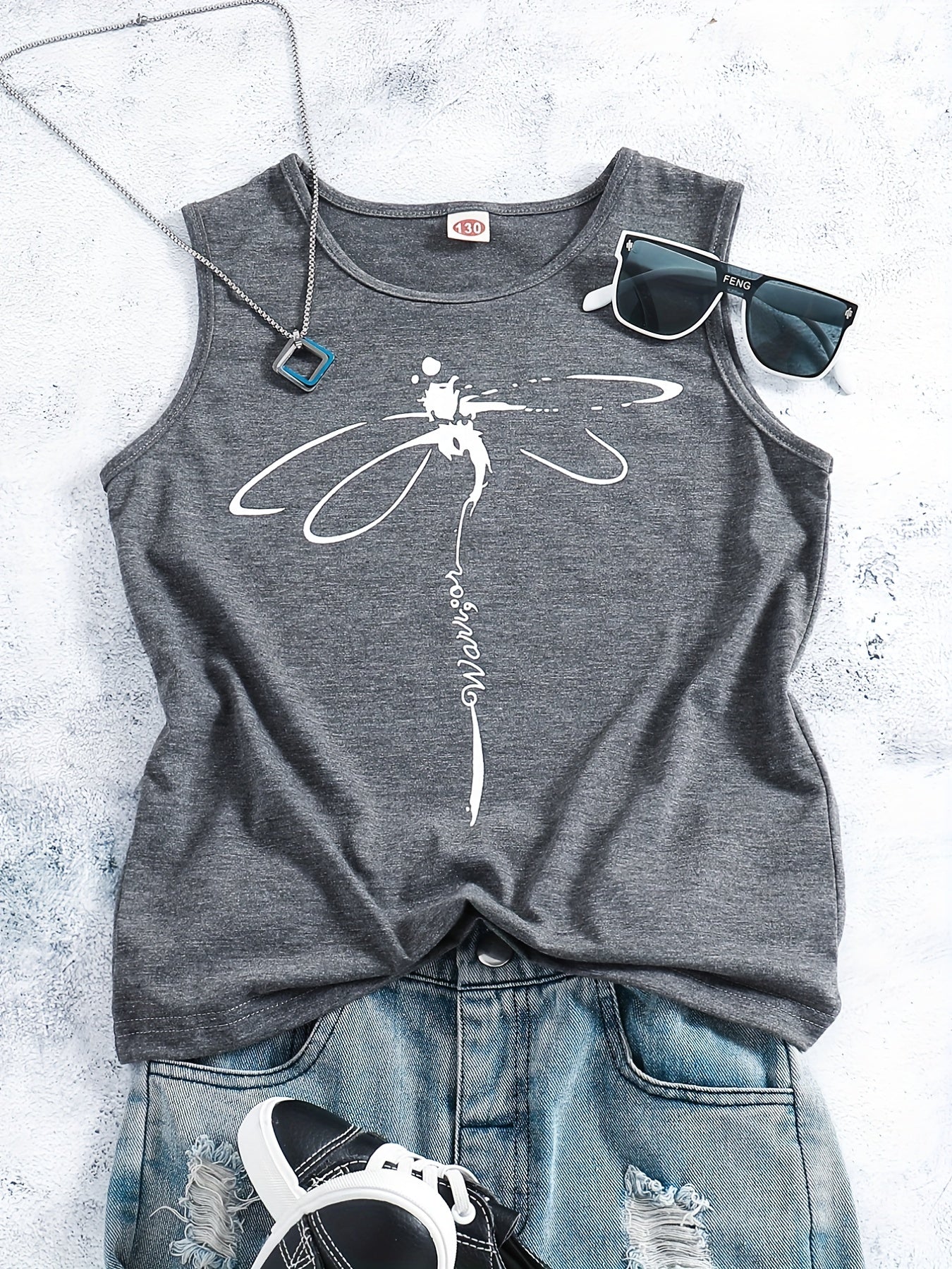 Girls Casual Dragonfly Print Crew Neck Sleeveless T-shirt Top For Summer Gift Outdoor Party