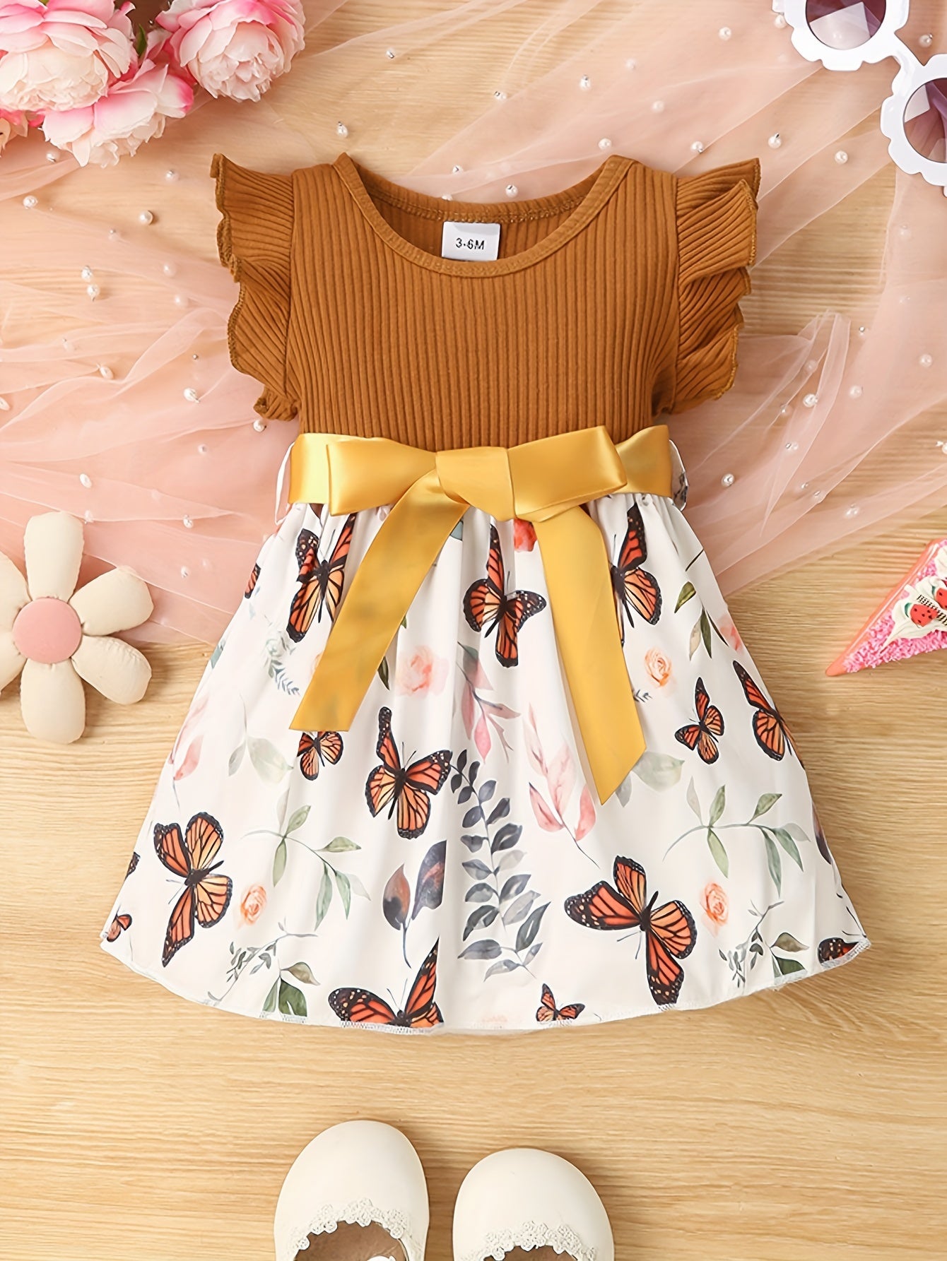 Baby Girls Cute Butterfly Graphic Print Ruffled Sleeve Belted Dress, Kids Summer Comfortable Clothes