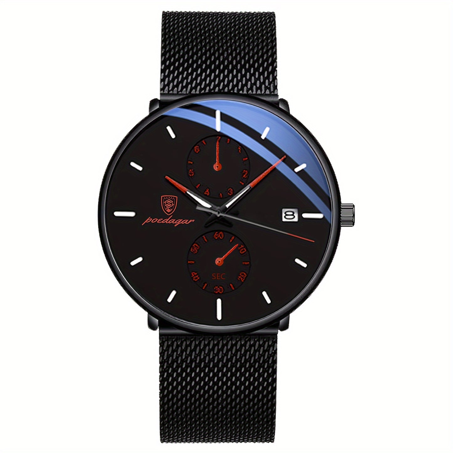 Mens Slim Quartz Watch - Luminous Date Display, Water Resistant, Stainless Steel Mesh Strap, Ideal Gift for Him, Stylish Sport Wristwatch for Everyday Wear