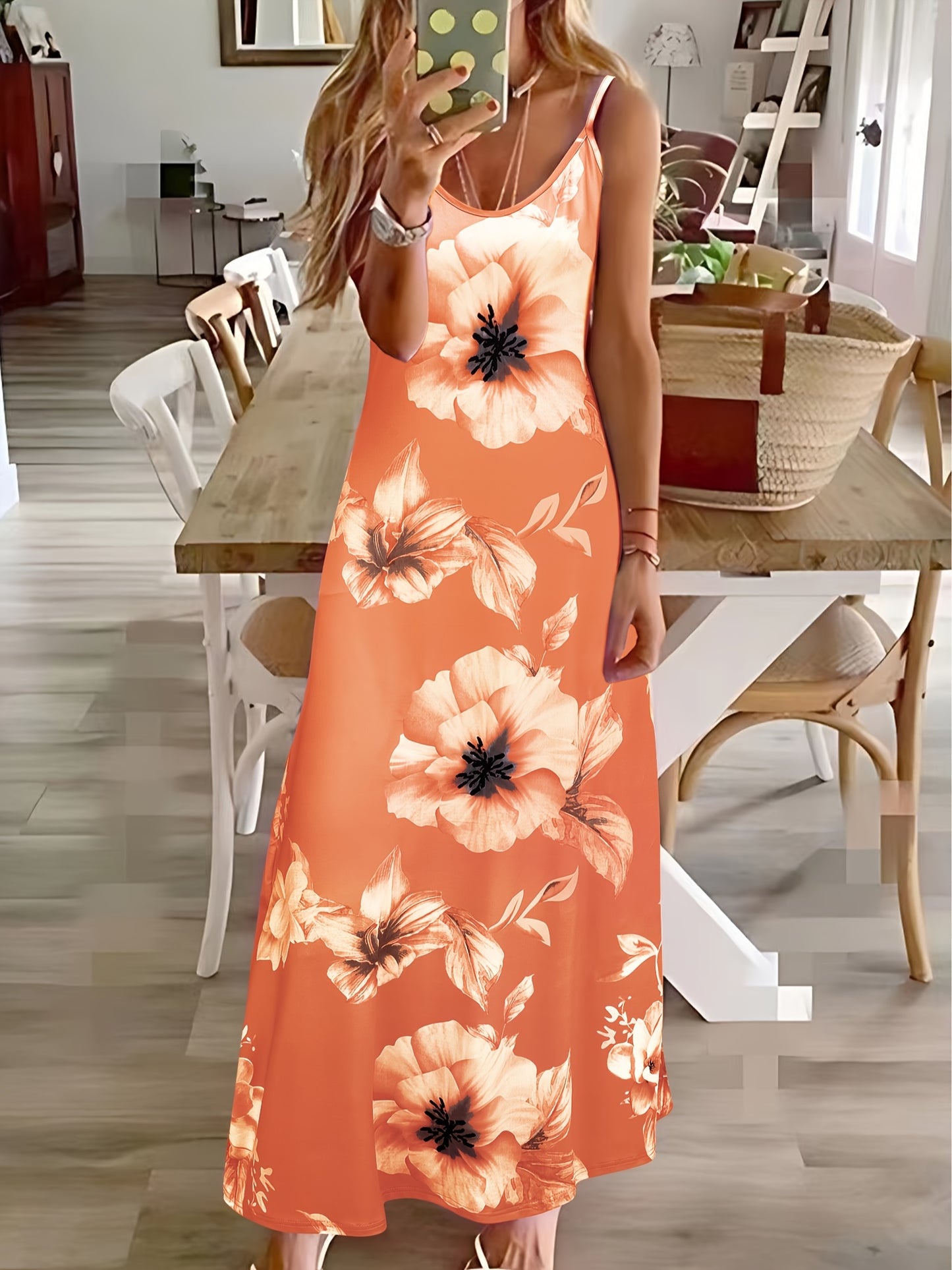 Long Sleeveless Spaghetti Strap Floral Print Slingback Dress - Sexy Beach Style, Regular Fit, Micro Elasticity, Machine Washable, Polyester Fabric - Perfect for Adult Women