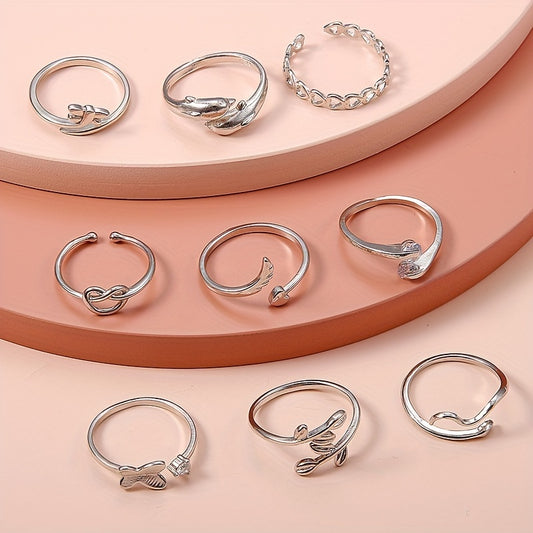 [9 Pieces Adjustable Foot Ring Set] Snake, Butterfly, Dragonfly, Dolphin, Heart, Leaf, Water Drill, Adjustable, Foot Ring, Set, Beach, Foot Ring, 9 Pieces Set
