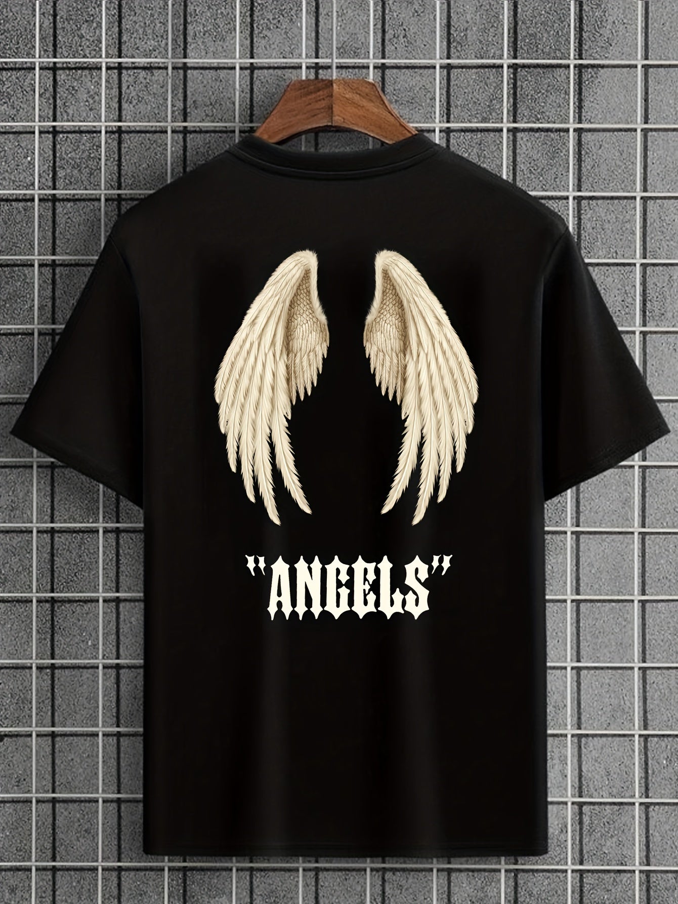 Mens Angel Wings Graphic Tee - Fashionable Casual Wear - Comfortable Solid Color Stretch Tee for Spring Summer - Lightweight Round Neck Design for Daily Style