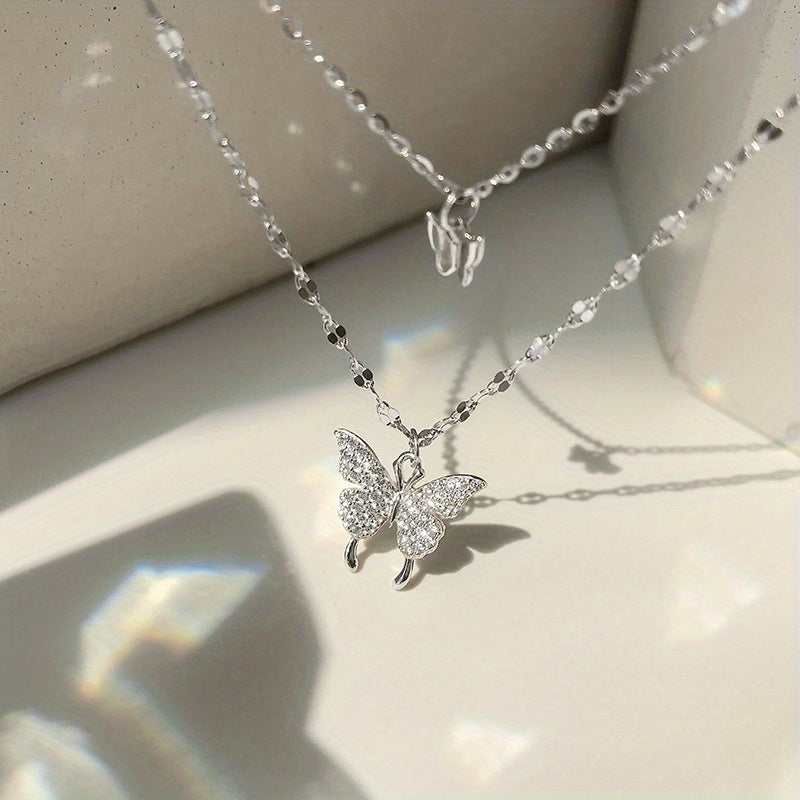 Y2K Rhinestone Butterfly Double Layers Necklace Shiny Silvery Party Dating Gift Daily Jewelry Accessories
