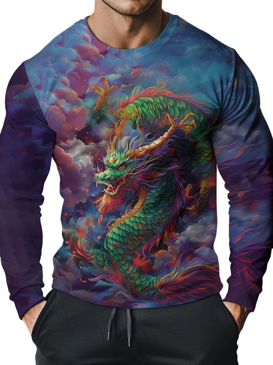 Men'S Long Sleeve Crew Neck T-Shirt, Casual Polyester Knit Fabric with Slight Stretch, All Over 3D Dragon Print, for Spring/Fall