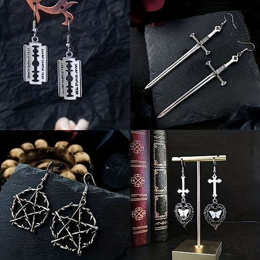 12 Pairs Gothic Punk Hoop Earrings For Women, Vintage Halloween Themed Bohemian Alloy Earring Set, Including Skull, Bat, Pentagram, Cross, Sword, Fairy, Black Rose Heart, And Serpent Designs For Festive Costume Accessories
